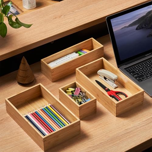 Umilife Bamboo Kitchen Drawer Organizer, Extra High Silverware Tray, Flatware Cutlery Storage Box, Multi-Use Holder in Office, Bathroom, Pantry - 9"x3"x2.5" (Set of 2) - size: 9 x 3 x 2.5" (Standard, Set of 2)