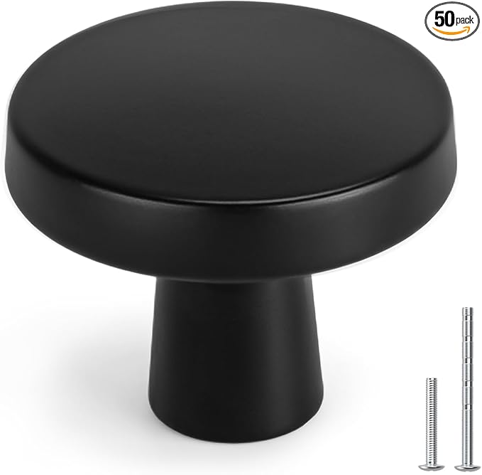 homdiy 50 Pack Black Cabinet Knobs Round Matte Kitchen Handles Zinc Alloy Metal Hardware for Dresser Drawer Desk Cupboard