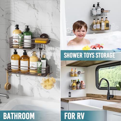TAILI Shower Caddy Suction Cup 2 Pack with Hooks & Soap Holder, No Drilling Bathroom Organizer with Large Capacity, Heavy Duty Shower Organizer for Bathroom,Metal Storage Basket-Brown - style: 2 × Brown