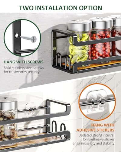 Doakhirmit Wall Mounted Spice Rack with 16 Hooks, Rustic Wood Spice Organizer Shelf for Stove Cabinet Pantry Door,Screw or Adhesive Hanging Spice Shelf,Wall Spice Rack in Kitchen and RV,6 Pack - size: 6 Pack
