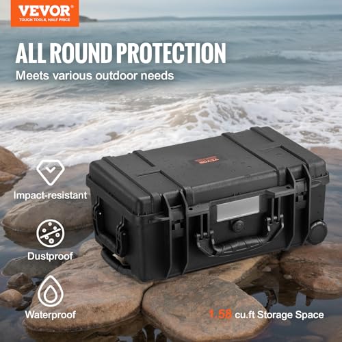 VEVOR Weatherproof Hard Case, Heavy Duty Protective Dry Box with Pre-Cut Foam, Wheels & Retractable Pull Handle for Travel, Hunt, Military, Tactical, IP67 Waterproof Case for Cameras (64x51x25)