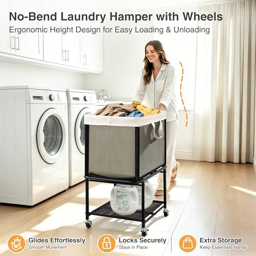 STO STO Rolling Laundry Hamper with Lockable Wheels, 29-Gallon (110L) Laundry Cart with Removable Canvas Bag, 2-Tier Clothes Basket Hamper with Shelf for Closet, Bedroom, Bathroom, Laundry Room
