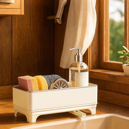 Sponge Holder for Kitchen Sink – Rustproof Stainless Steel, 360° Rotating Drain Pipe, Large Counter Organizer with Drip Tray for Sponges, Brushes & Dish Cloths Off-white - color: Off-White 1