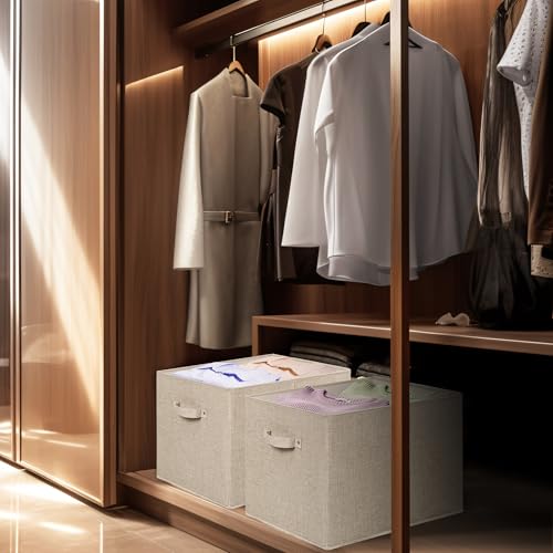 Simple Houseware 15 x 13 Inch Collapsible Fabric Storage Bin with Handles, 2 Pack, Beige - color: Beige