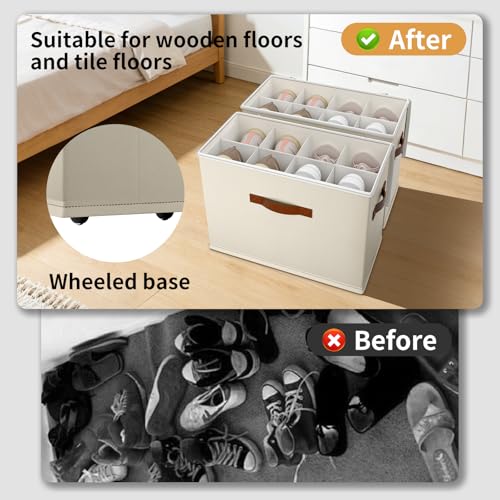 2 Pack Shoe storage Organizer for closet with wheels,No Assemble Required Shoe boxes with premium waterproof material，Adjustable Dividers Fits 16 Pairs,shoe Storage Bins with Reinforced Handle