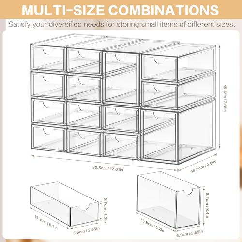 Desk Organizer with 14 Drawers, FODIENS 14 Packs Acrylic Stackable Desktop Storage Drawer Makeup Organizer, Clear Craft Storage Box Cabinets for Office Vanity Countertop Bathroom Bedroom - size: 14 Drawers