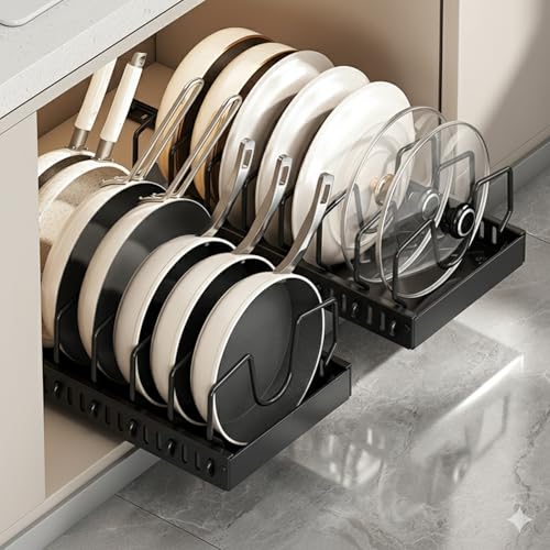 pots and pans organizer under cabinet,pot lid organizers inside cabinet holders for kitchen,Horizontal and vertical pulling modes,cast iron storage (Black Vertical pull-out) - size: Black Vertical pull-out