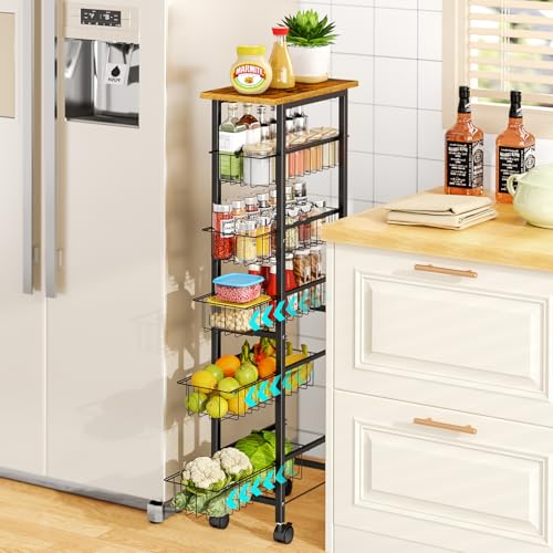 6 Tier Slim Storage Cart with Pull Out Basket, Wooden Top Rolling Kitchen Cart with Lockable Wheels, Metal Wire Fruit Vegetable Storage Basket Narrow Utility Organizer for Kitchen, Bathroom, Laundry