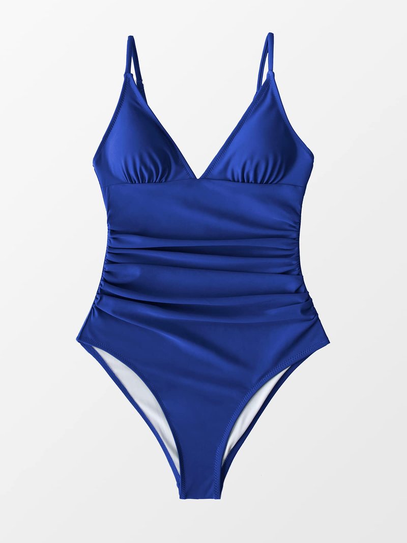 CUPSHE Women's One Piece Swimsuit Shirring Design V Neck Low Back Bathing Suit, Deep Blue, XL