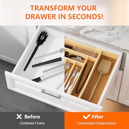 Expandable and Adjustable Bamboo Drawer Organizer Tray - Cutlery Drawer Organizer for Kitchen Utensils, Silverware Organizer with Dividers, 7-9 Slots with Curved Grooves (Natural) - size: 7-9 Slots