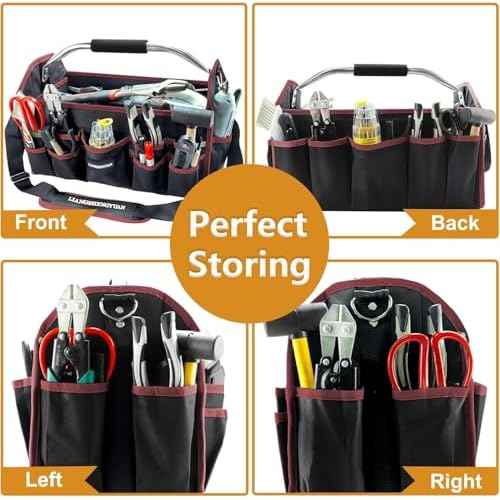 20 In Tool Carrier, Open Top Tool Tote 30 Pockets, Waterproof Tool Bag For Men, Foldable Wide Mouth Electricians Tool Bag, With Stainless Steel Handle and Removable Shoulder Strap