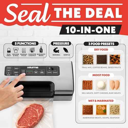 Gourmia Vacuum Sealer ? Food Preservation System with Marinate Mode, Pulse Control, LED Display, Built-In Cutter, Gentle & Normal Vacuum Options, Stainless Steel