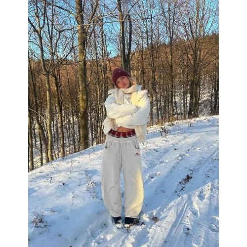 Aelfric Eden Baggy Wide Leg Sweatpants for Women Plaid Patchwork Sweat Pants Loose Long Pants with Pockets