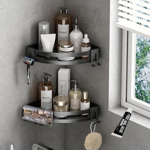 VOLPONE Corner Shower Caddy with Razor Holder Adhesive Shower Shelf Corner No Drilling (adhesive mounting, no suction cup) Bathroom Shower Organizer Storage Rack (2-Pack, Black) - style: Without Suction Cup Triangle with Hooks 2 Tier Black