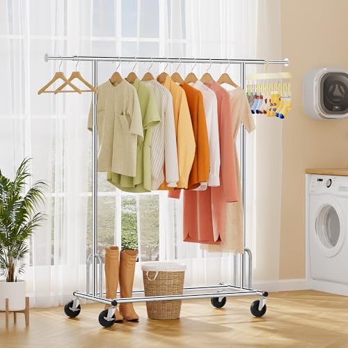 Tajsoon Heavy Duty Clothes Rack Foldable Garment Rack with Wheels and Extendable Rod, Freestanding Clothing Rack for Hanging Clothes, Adjustable ＆ Collapsible Rolling Racks with Bottom Shelf, Chrome - style: Single Rod Heavy Duty