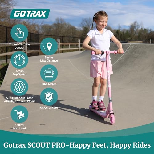 Gotrax Scout Pro Electric Scooter for Kids, Max 3 Mile Range, 6 Mph Speed by 80W Motor and Thumb Throttle, 5" Solid Wheels with Flash Wheel & Deck Lights, Max 110 Lbs Load for Boy & Girl Ages 4-7