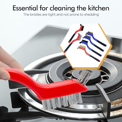 Wire Brush Set for Cleaning Rust, 7 Inch Stainless Steel/ Brass/ Nylon Brush for Cleaning Welding Slag, Paint and Dirt Removal (3 Pcs Red + 3 Pcs Blue, 7 Inch)