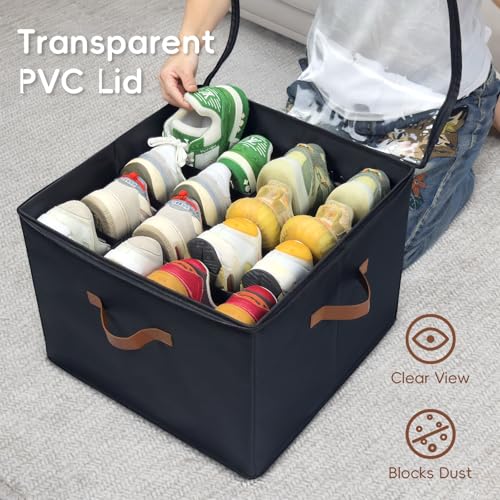 Shoe Organizer for Closet, 2 Pack Shoe Storage Bins with Clear Cover, Foldable and Adjustable Dividers, Fits 16-32 Pairs, Black - color: Black-2 Pack