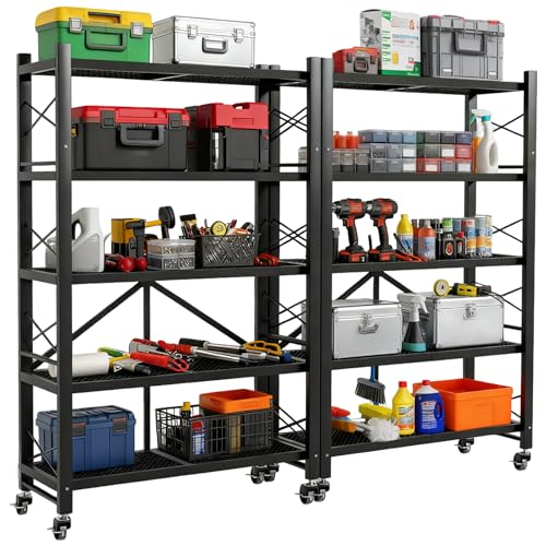 Grezone Foldable Shelves 5 Tier Heavy Duty Metal Storage Shelves with Wheels - No Assembly Collapsible Shelving Unit for Kitchen Garage Hold up to 1250 lbs - size: 39‘’W x 13.9''D x 62.9''H