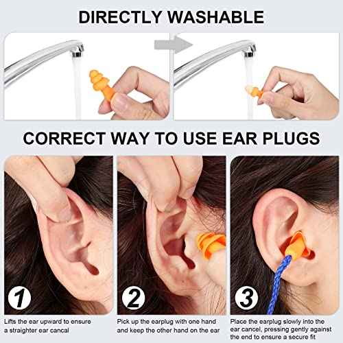 Tondiamo 200 Pairs Ear Plugs Reusable Silicone Earplugs with Cord Sleeping Individually Wrapped Hearing Protection Noise Cancelling Earplugs for Work Construction Shooting Sports(Blue, Orange)
