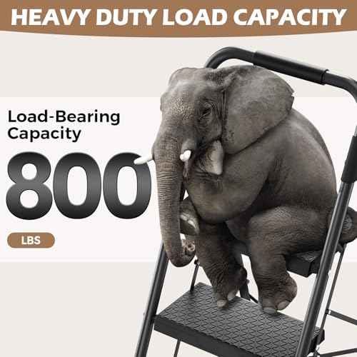 KINGRACK Step Ladder, Portable Folding Step Stool with Anti-Slip Wide Pedals, Heavy Sturdy Steel with Handrail, Safe-Lock Design, 800lbs Load Capacity, for Home and Kitchen, Black (4 Step Ladder)
