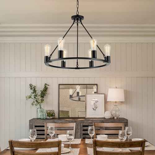 Black Chandelier, 6-Light Dining Room Light Fixture, Round Farmhouse Wagon Wheel Chandeliers for Dining Room Living Room Entryway Kitchen Island Dia 24"