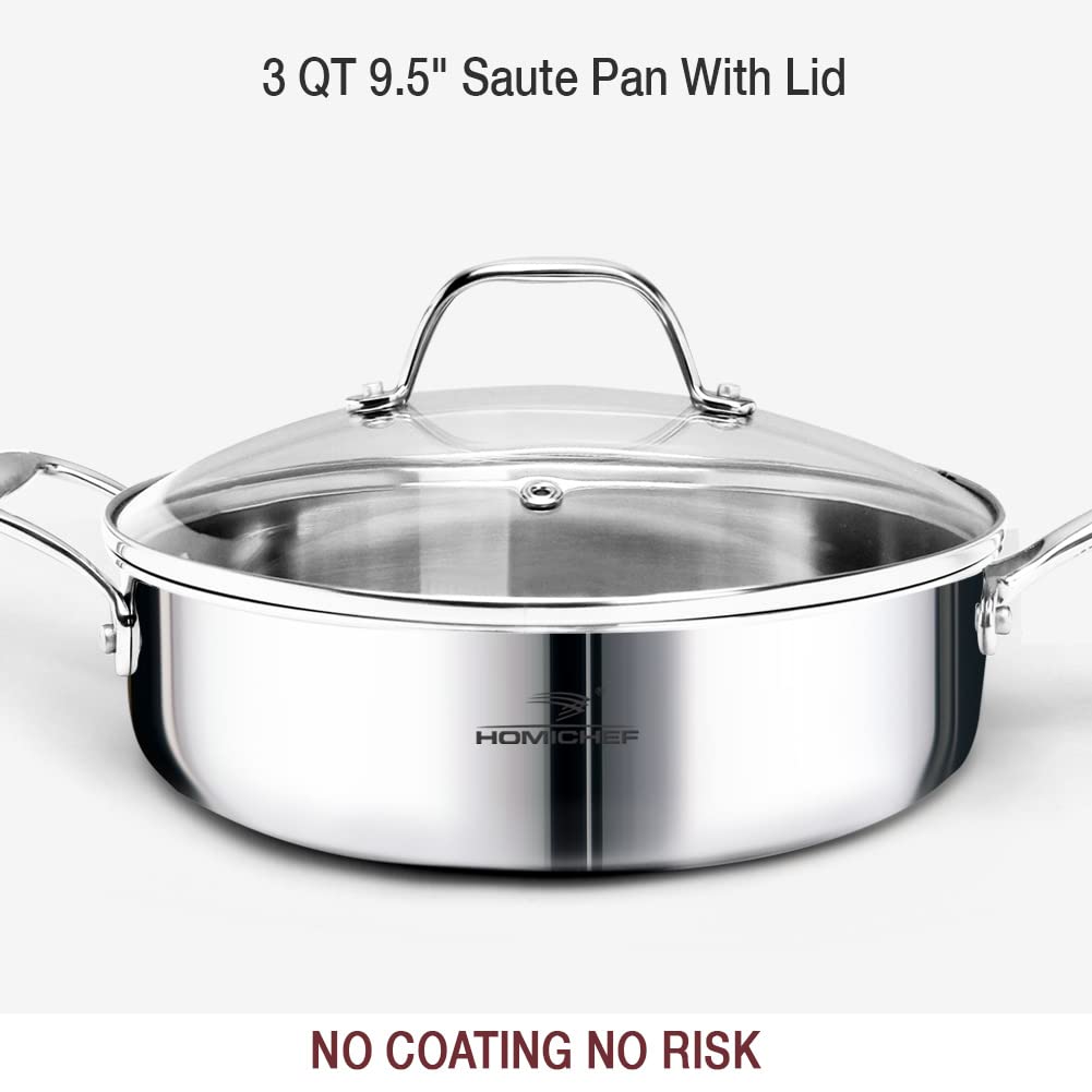 HOMICHEF 14-Piece Nickel Free Stainless Steel Cookware Set Whole-Clad 3-Ply - Mirror Polished Pots And Pans Set - Healthy Cookware Set With Steamer - Non-Toxic Induction Cookware Sets