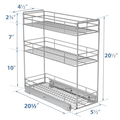 ROOMTEC Pull Out Spice Rack for Narrow Cabinet (5½" W X 20½" D),3 Tier Slide Out Cabinet Organizer and Pull Out Shelves Under Cabinet Storage for Kitchen, Chrome - size: 5½" W X 20½" D,3 Tier