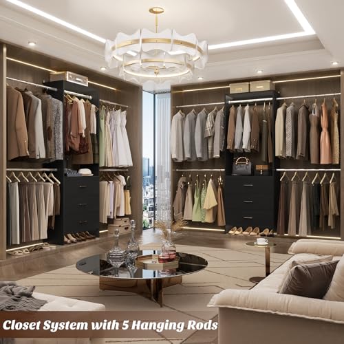 Aheaplus Closet System With 3 Wooden Drawers, Walk-in Wardrobe Organizer, Clothes Rack With 4 Hanging Rods, Garment Rack, -4R, Black - color: Black, size: Without Light