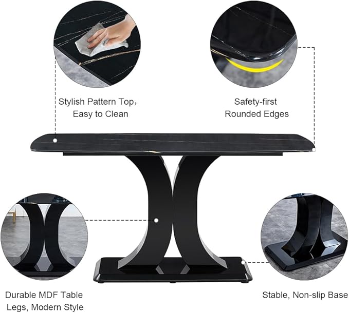 Modern Dining Table Set for 6, Marble Kitchen Table Chair Set for 6, Rectangular Kitchen Table with 6 Pu Leather Upholstered Chair for Dining Room (Black)