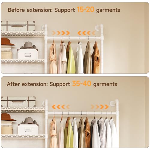 H6 Wall Mounted Closet System, Industrial Pipe Clothes Rack Clothing Racks with 6 Telescopic Rods & 3 Fixing Rods & 9 Shelves, Heavy Duty Closet Organizers and Storage in Wardrobe Closet (White) - color: White