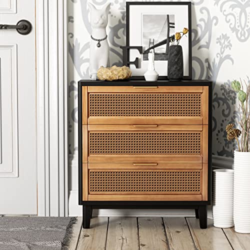 COZAYH Farmhouse 3-Drawer Nightstand, Set of 2 Woven Cane Front Accent Dresser with Brass Pull, Fully-Assembled, Black - color: Black, style: 3 Drawer/2 pack