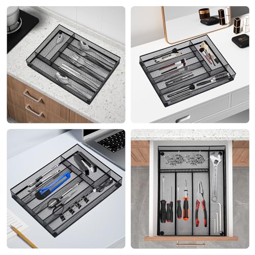 Neudeco Silverware Drawer Organizer - 5 Compartment Cutlery Tray with Non-Slip Feet, Mesh Wire Flatware Storage Divider for Kitchen, Bedroom, Living Room (Black) - color: Black