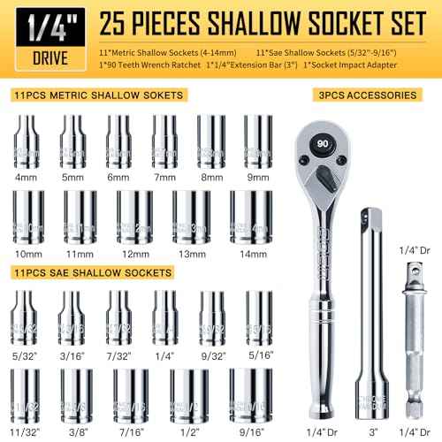 BOEN 25 Pieces 1/4" Drive Socket Set, SAE (5/32"-9/16") & Metric (4mm-14mm), 6-Point, Shallow Sockets with Ratchet, Extension Bars and Storage Case,Cr-V Steel