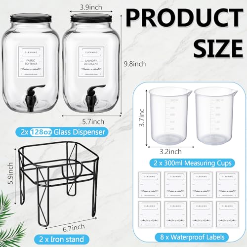 FillTouch 2 Pack 1 Gallon/128 oz Glass Laundry Detergent Dispenser, 3.8 L Liquid Soap Dispenser with Stand, Measuring Cup and Label, Fabric Softener, Liquid Bleach Container, Laundry Room Organization