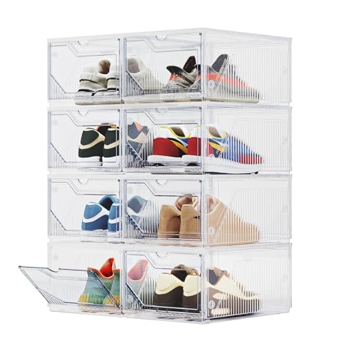 XX-Large Shoe Sneaker Storage Boxes for Size 14, Stackable & Thicken Clear Plastic Shoe Organizers 8 Packs for Entryway Closet Under Bed, Shoe Storage Cabinets Container Display Case w/ Magnetic Door - size: 8 packs