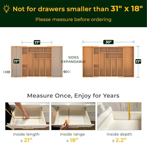 keechee Carbonized Large Bamboo Kitchen Drawer Organizer, 12 Slots Expandable Silverware Organizer, Utensil Holder & Cutlery Tray, 2.5" Deep for Extra Capacity, Non-Slip Feet Included - size: 12 Slots（Large & Expandable）