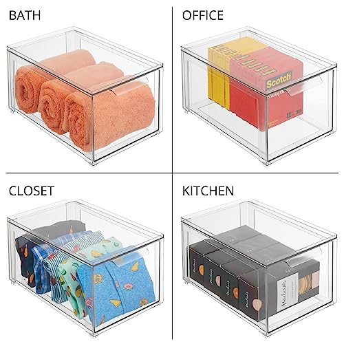 mDesign Plastic Stackable Bathroom Storage with Pull Out Bin Organizer Drawer for Cabinet, Vanity, Shelf, Cupboard, Cabinet, or Closet Organization - Lumiere Collection - 2 Pack - Clear - size: 8 x 12 x 6 (Pack of 2)