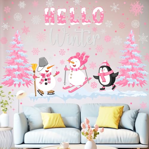 Kreatwow 2Pcs Pink Winter Wall Stickers Hello Winter Wall Decorations Pink Snowflake Snowman Themed Walls Clings Let It Snow Party Decor Snowflake Penguin Party Decal for Xmas Christmas Home Decor