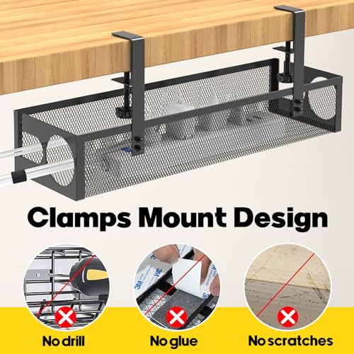 Under Desk Cable Management Tray No Drill 15.1’’, Metal Mesh Cable Management Box with Hybrid Side Slots Cable Raceway,Adjustable Cable Tray with Wire Management for Office Home,1 Pack (Black) - color: Black