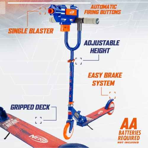 NERF Kick Scooter for Kids, Dual Barrel Blaster Fires Up to 40 Feet, Supports Up to 150lbs, Rear Brake, Sturdy Steel Frame, Wide Surface Textured Molded Deck, Outdoor Activities for Boys/Girls