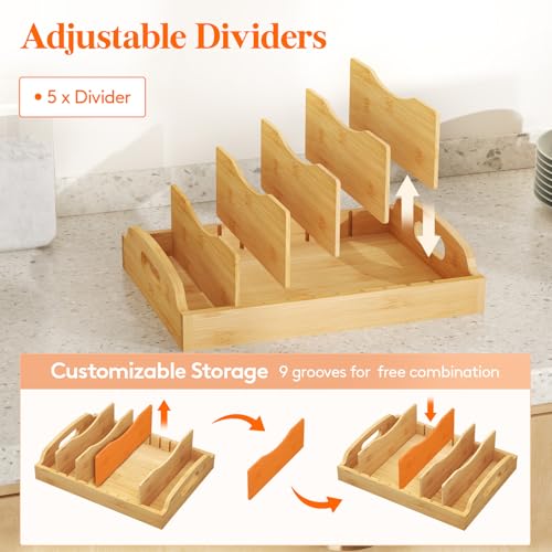 Lifewit Bamboo Lid Organizers for Inside Cabinet, Food Storage Container Lid Holder with 5 adjustable Inserts & 6 Sections, Kitchen Pantry organizer and storage, Large, 13.2" x 10"/34 x 25cm - size: Large(13.2" x 10")