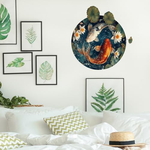 Yin Yang Koi Fish Wall Decals Removable Round Zen-Inspired Lotus Vinyl Stickers for Nursery Kids Bedroom and Playroom Decor Peel and Stick Chinese Style Wall Art