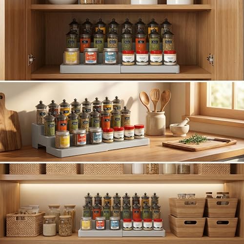YAN & HIN Expandable Spice Rack Organizer for Cabinet (2 Pack), 3-Tier Tiered Spice Shelf Organizer with Non-Skid Surface, Spice Riser, Adjustable Pantry Organizer for Spices, Cans & Medicine Cabinet