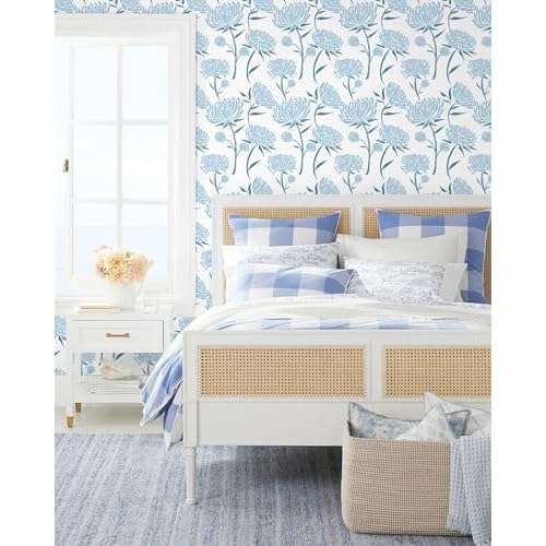 Hopepak Floral Peel and Stick Wallpaper Contact Paper Blue Wall Paper Modern Self Adhesive Removable Vinyl Wallpaper for Bedroom 17.3"x118"