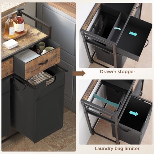 Mondeer Laundry Sorter with 2 Drawers, 100L with Pull-Out Removable Laundry Bags, Laundry Hamper Baskets with 2 Section and Wheels, Rustic Brown and Black - size: 2 Drawers