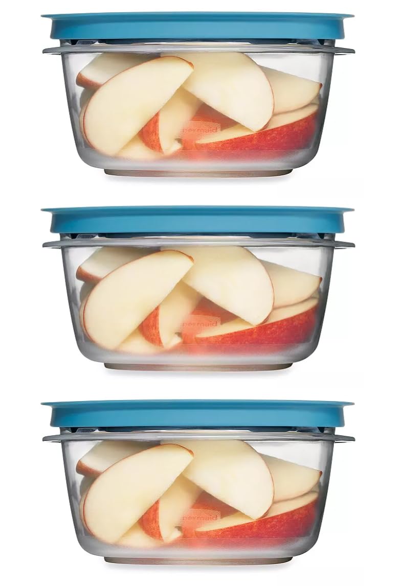 Rubber maid Storage Containers, Easy Find Lids, Teal, 3 cup, Flex & Seal, Leak Proof Lids, Food Storage Set, Clear Meal Prep Flex Containers, 3 Piece Set, Utenselux