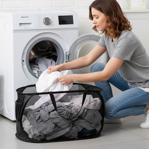 2 Pcs Mesh Popup Laundry Hampers, Opening Laundry Basket with Durable Handles, Breathable Dirty Clothes Hamper, Foldable Pop-up Mesh Hamper with a Small Side Pocket for Home, Laundring Room, Travel