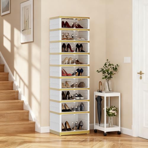SYNCVIBE Shoe Rack Organizer for Closet Entryway Foldable Sneaker Storage Shoe, Collapsible Shoe Cabinet, Stackable Shoe Storage Cabinet with Lids for Living Room (9 Tiers -18 Pairs White Gold) - size: 9 Tiers -18 Pairs White Gold