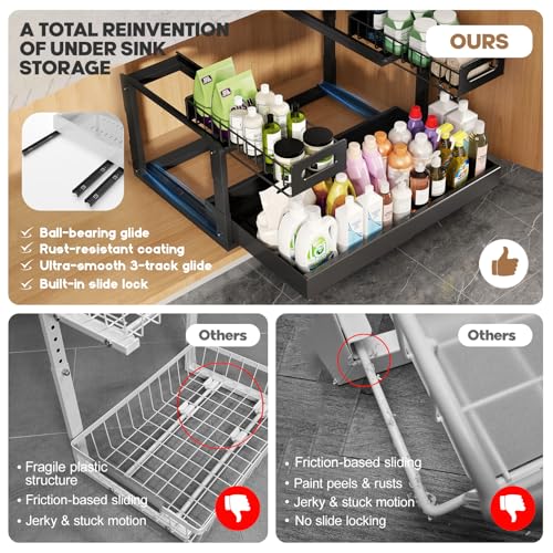 1 Pack Expandable Under Sink Organizers And Storage With Upgrade Ball-Bearing Slide Tracks,2-Tier Pull Out Under Cabinet Organizer Height Adjustable,Slide Out Under Sink Drawers-Black(Patent Pending)